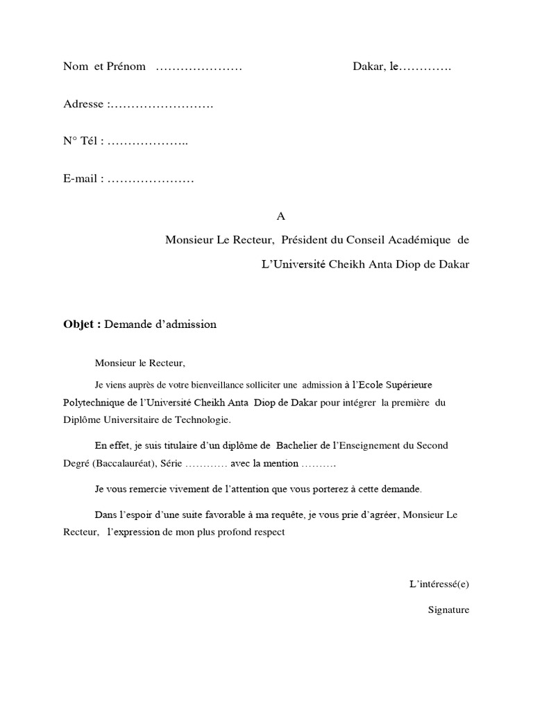 Exemple - Lettre de Demande D'admission | PDF