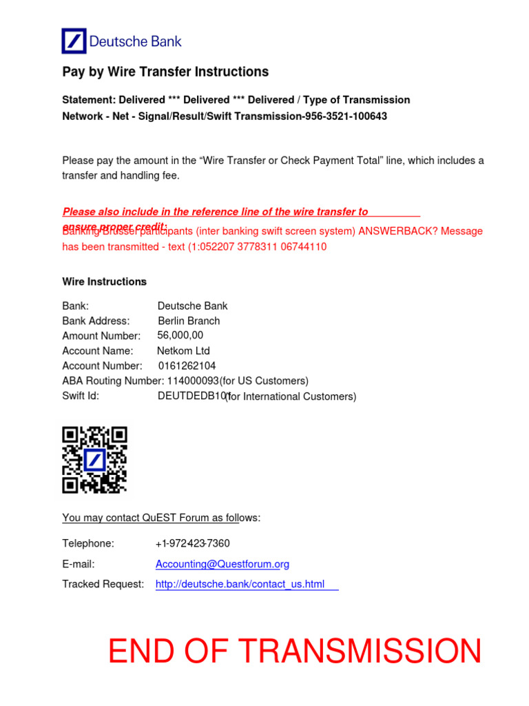 Deutsche Bank Wire Transfer Instructions | PDF