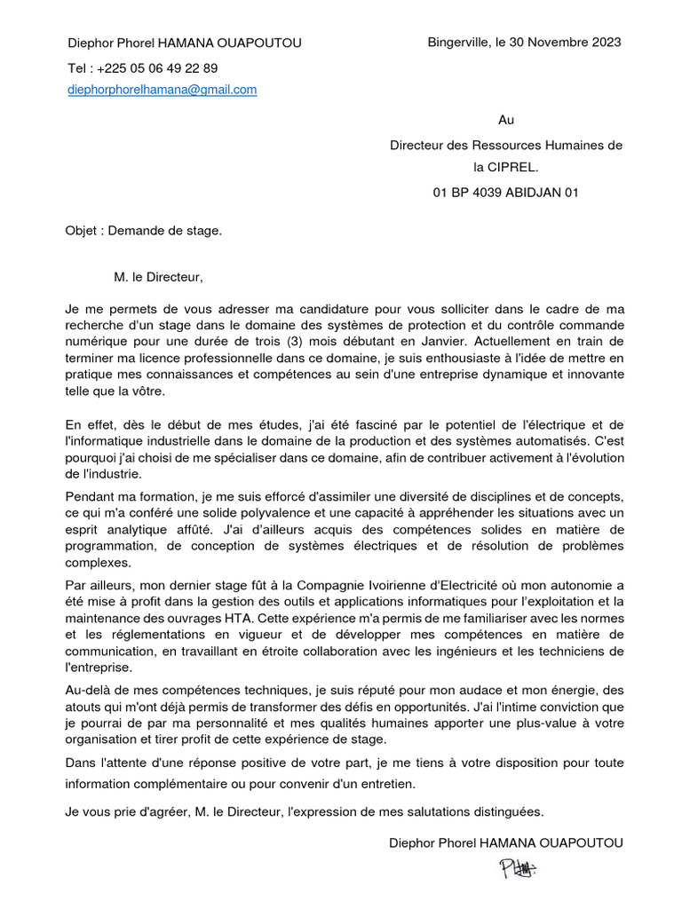 Ma Lettre de Motivation Ciprel 2023 PDF