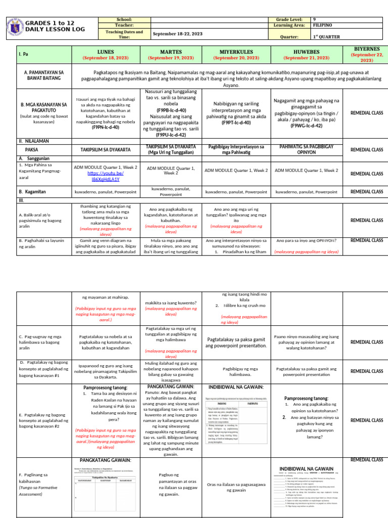 DLL Filipino 9 Quarter 1 | PDF