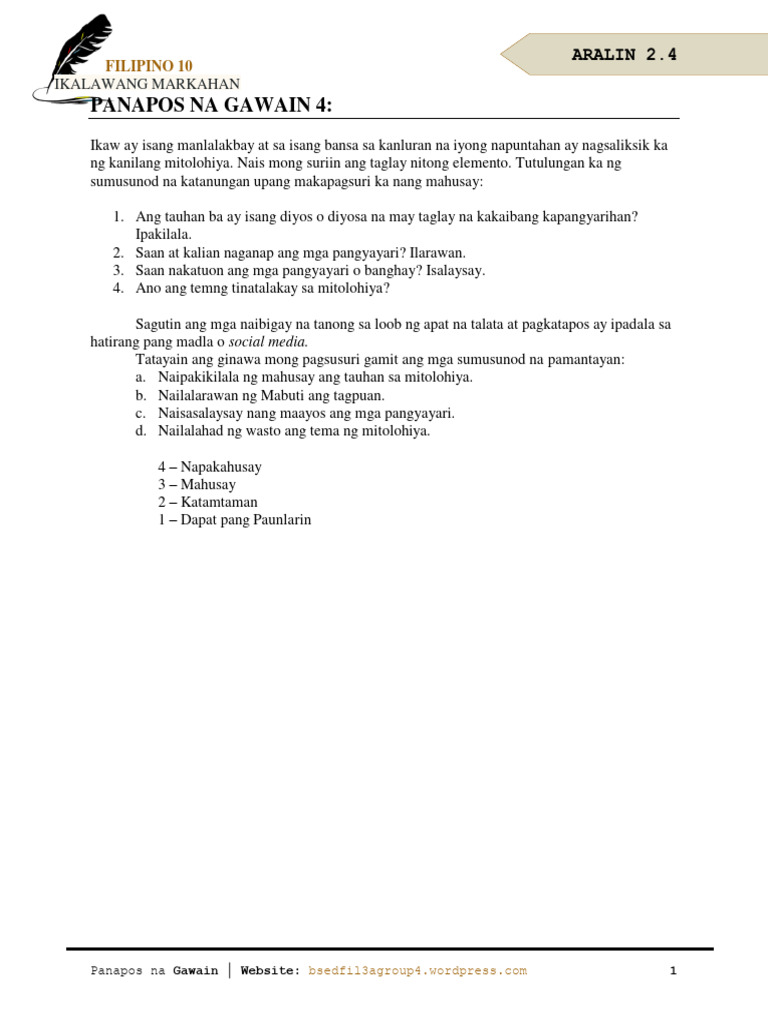 Panapos Na Gawain 4 - Pagsuri NG Napiling Mitolohiya Ayon Sa Elemento ...