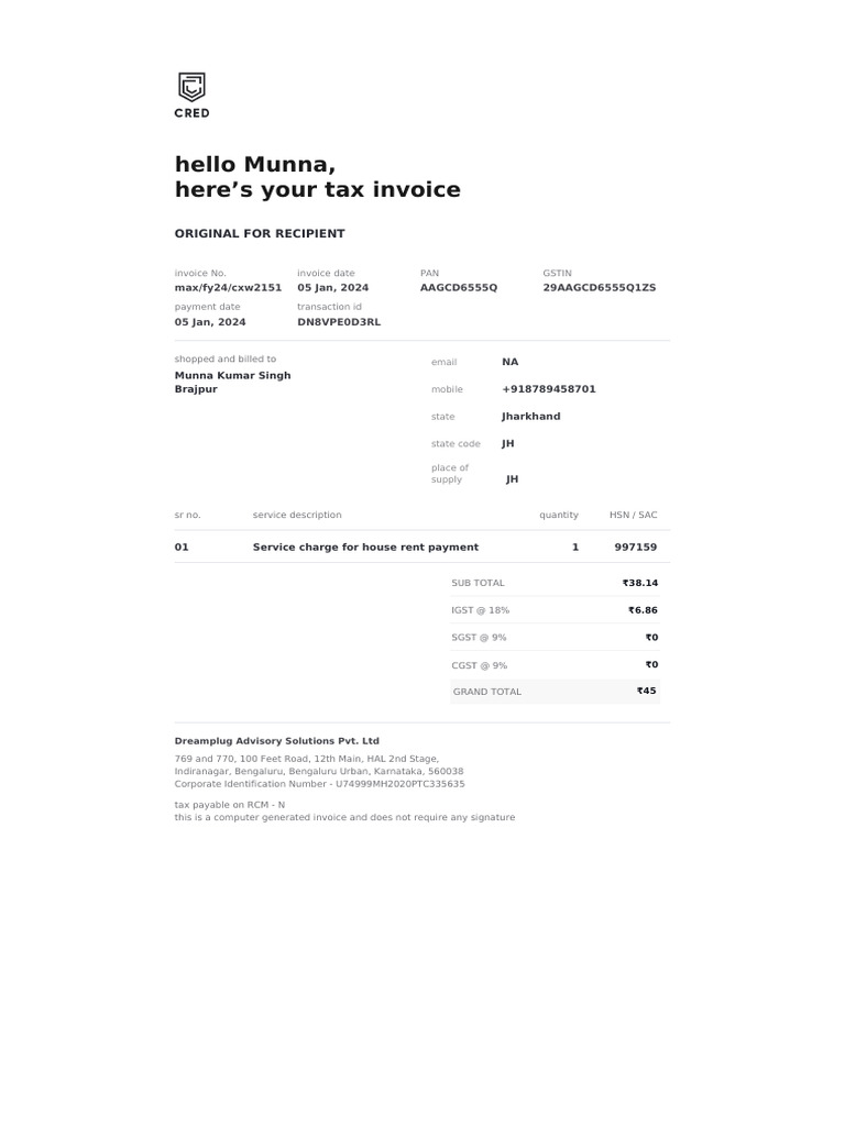 Tax Invoice for House Rent Payment | PDF