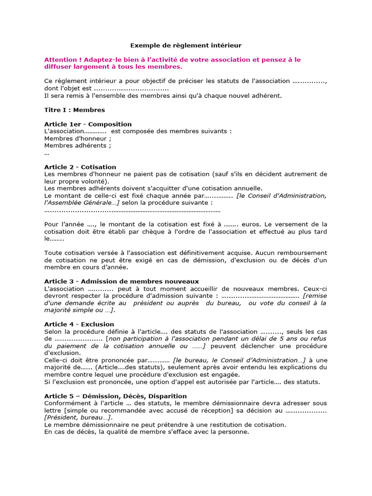 Exemple Reglement Interieur PDF