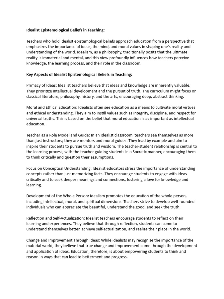 Idealist Epistemological Beliefs in Teaching | PDF | Idealism ...