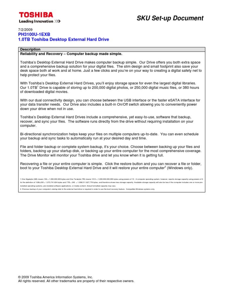 SKU SetUp Document PH3100U1EXB 1.0TB Toshiba Desktop External Hard