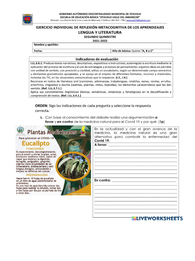 Examen Del 2do Quimestre - Lengua y Literatura - 5to Grado | PDF