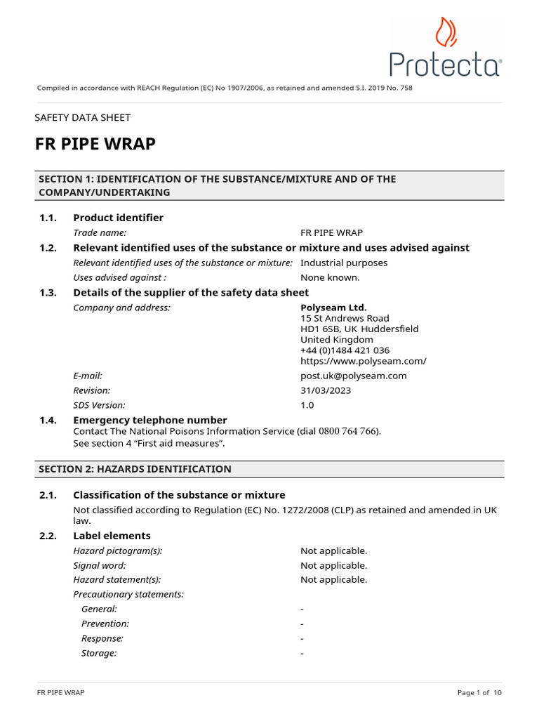 Protecta FR Pipe Wrap Safety Data Sheet PDF