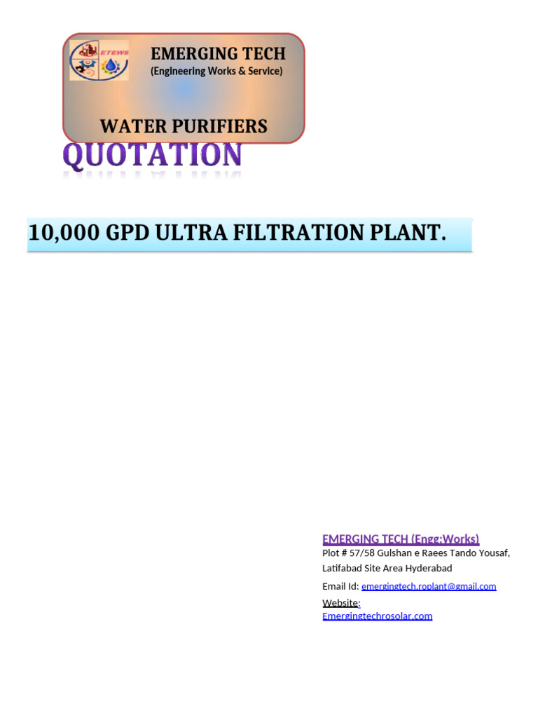 10,000 GPD Ultra Filtration System Details | PDF | Pump | Filtration