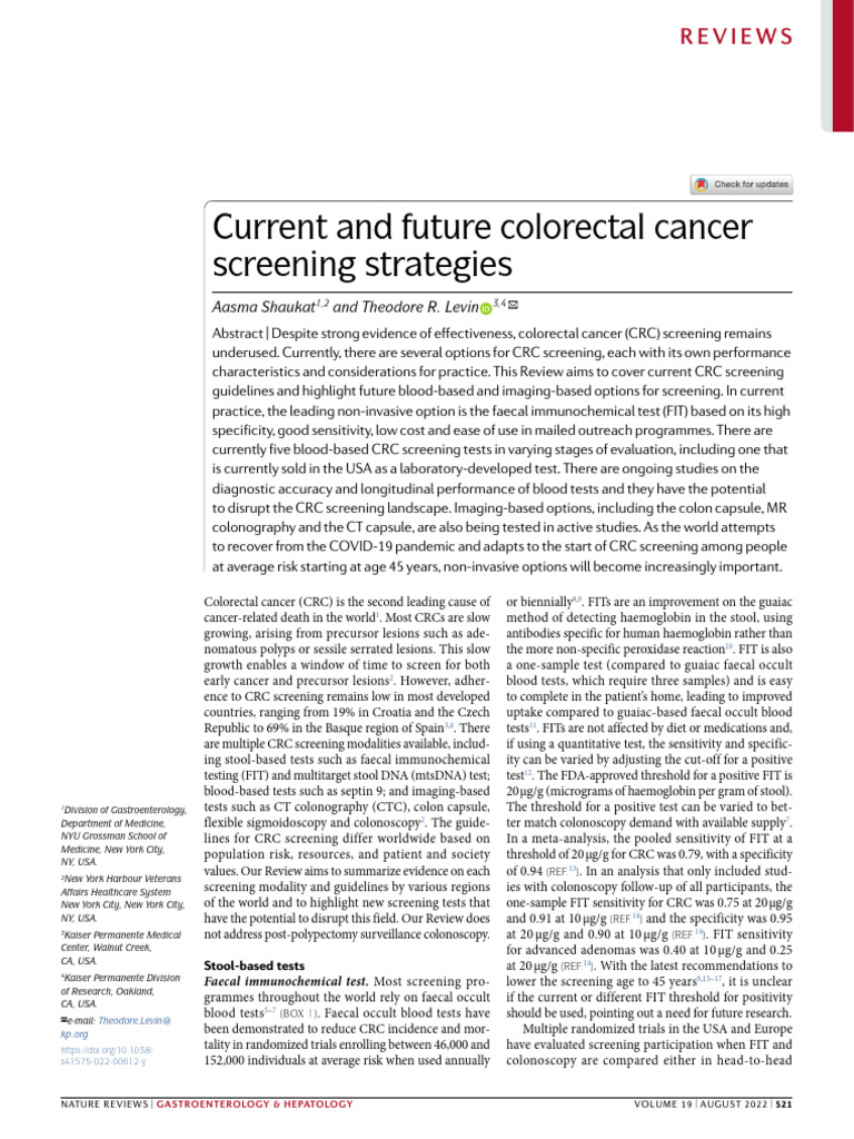 Nature Review Current And Future Of Crc Screenign Strategies Pdf