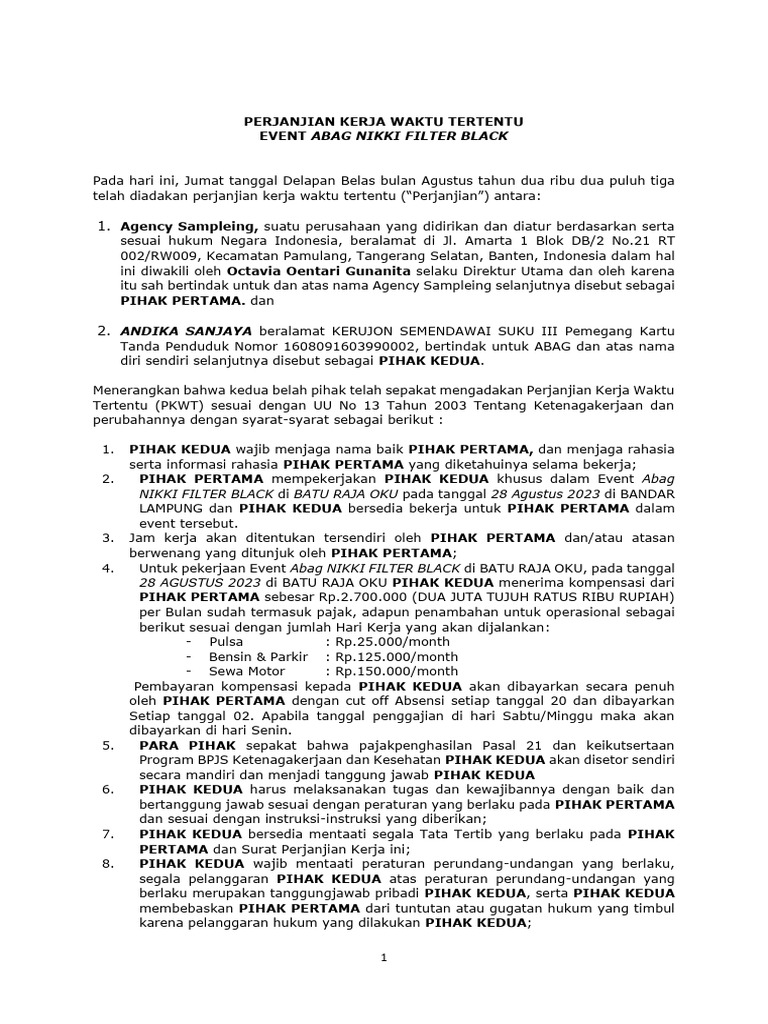 Perjanjian Kerja Waktu Tertentu Abag Andika Bta Pdf