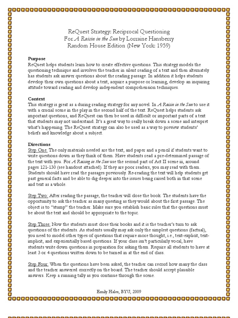 ReQuest Strategy for A Raisin in the Sun | PDF | Question | Reading ...