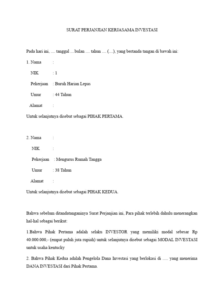 Pihak-pihak yang terlibat dalam surat perjanjian kerjasama investasi