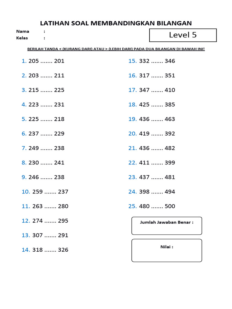 Contoh soal membandingkan bilangan kelas 2 sd