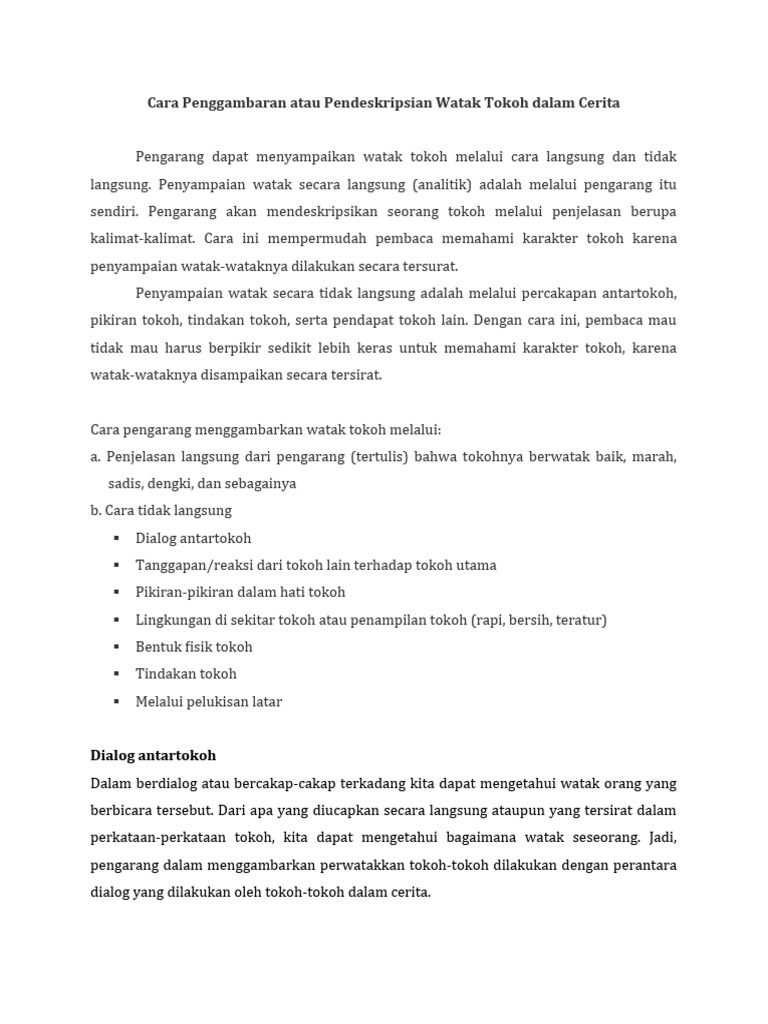 Cara Penggambaran Atau Pendeskripsian Watak Tokoh Dalam Cerita | PDF