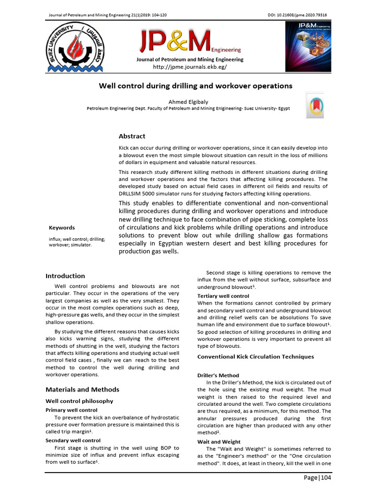Well Control During Drilling and Workover Operations: Journal of ...