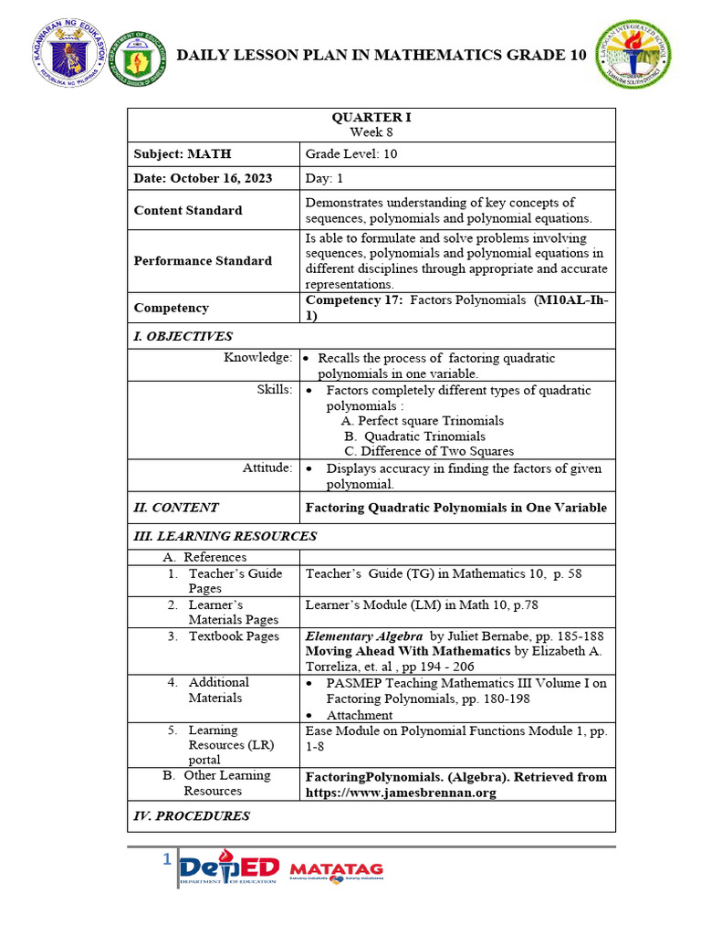 Grade 10 Math Lesson: Factoring Polynomials | PDF