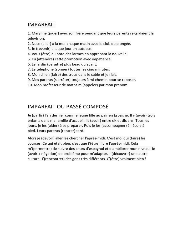 Exercices sur l'imparfait et passé composé | PDF
