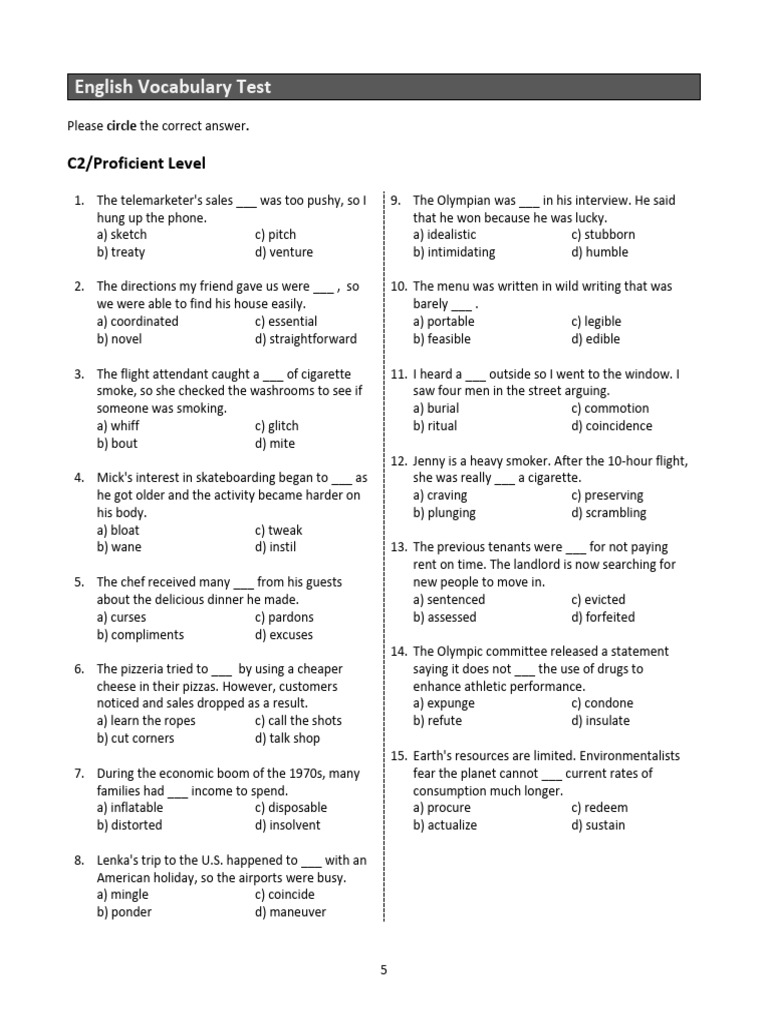English Vocabulary Test (C2) PDF With Answers | PDF