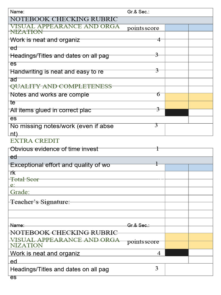 Notebook Rubrics PDF