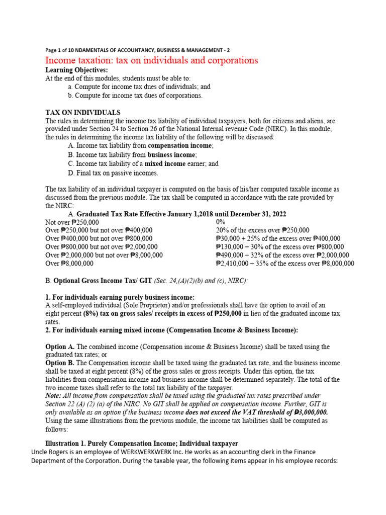 Income Taxation for Individuals & Corporations | PDF
