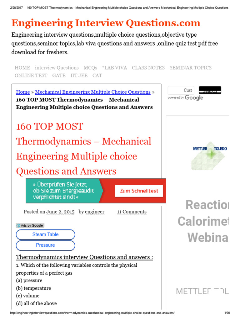 160 TOP MOST Thermodynamics Mechanical Engineering Multiple Choice