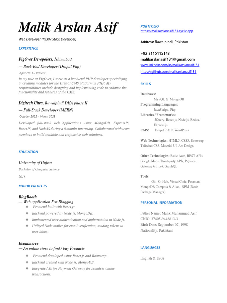 Malik Arslan Asif - MERN - Developer | PDF | Computers