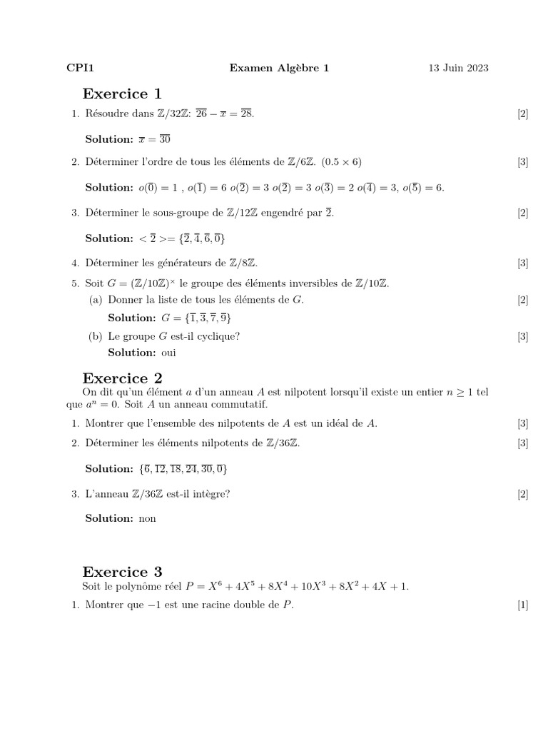 Examen d'Algèbre 1 - 13 Juin 2023 | PDF | Corps commutatif | Mathématiques