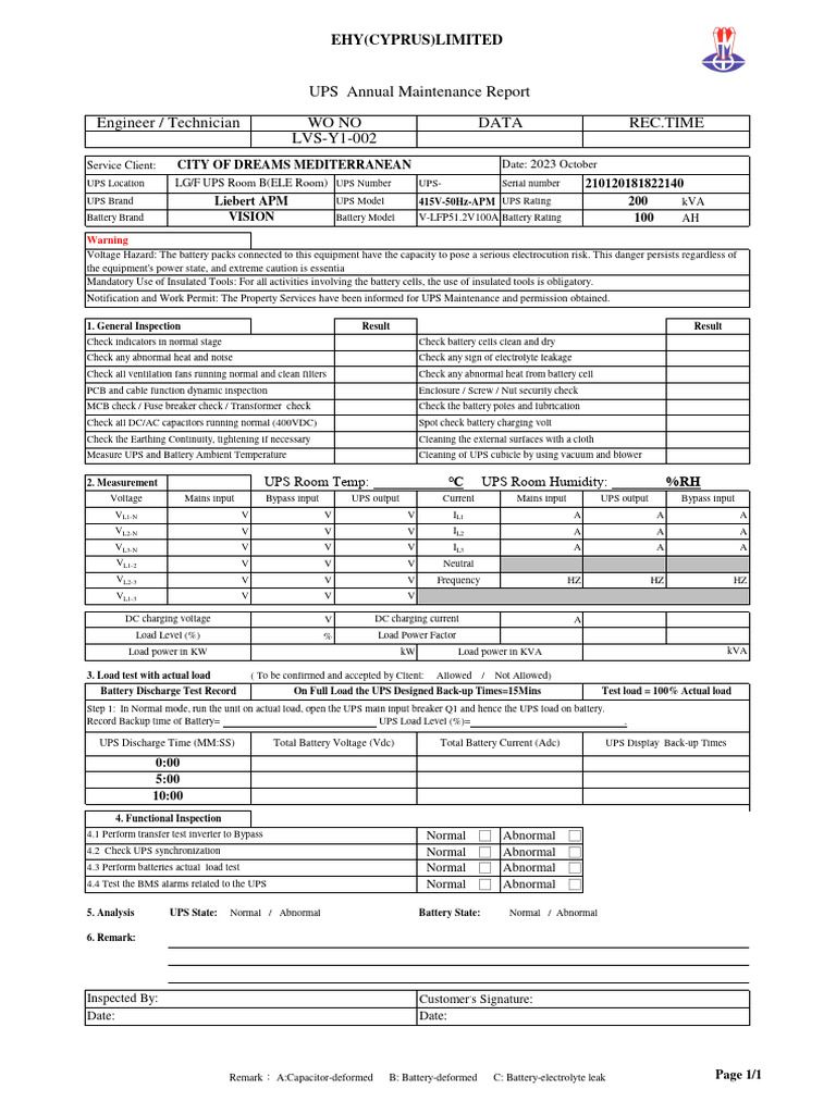 UPS Annual Maintenance Report | PDF