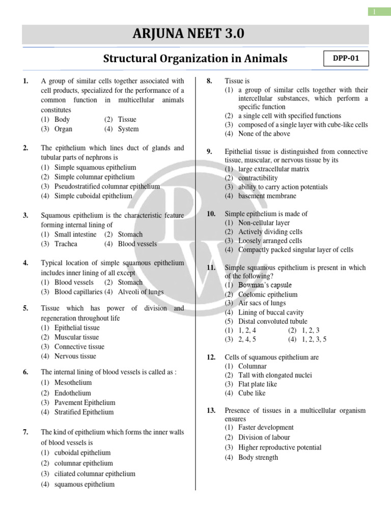 Structural organisation in animals dpp 01 arjuna neet 3 0 2023 pdf