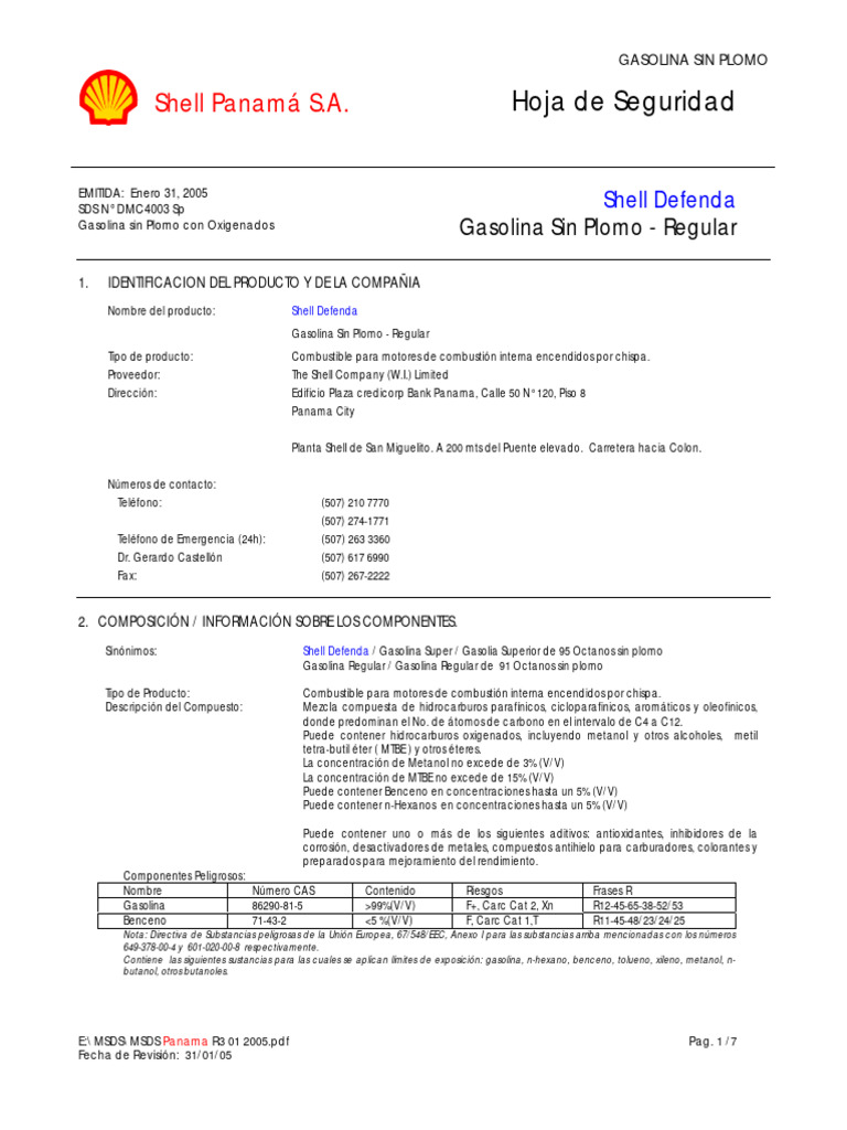 MSDS Gasolina | PDF