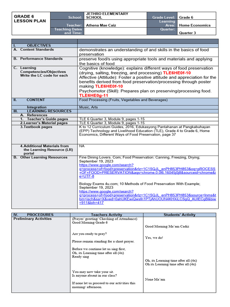 Grade 6 Home Economics: Food Preservation | PDF