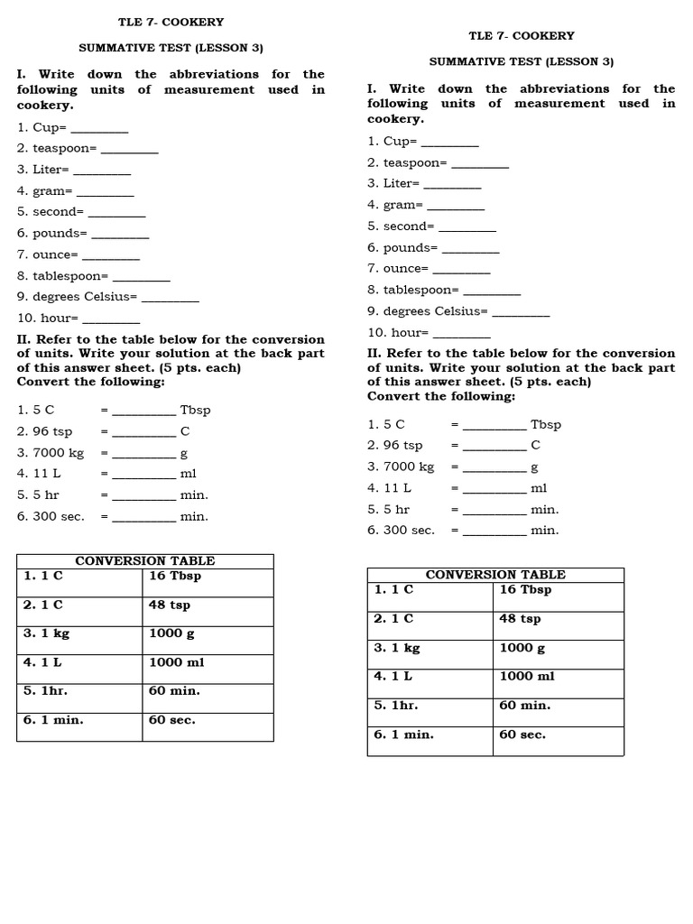 Cookery Summative Test Pdf Science Mathematics