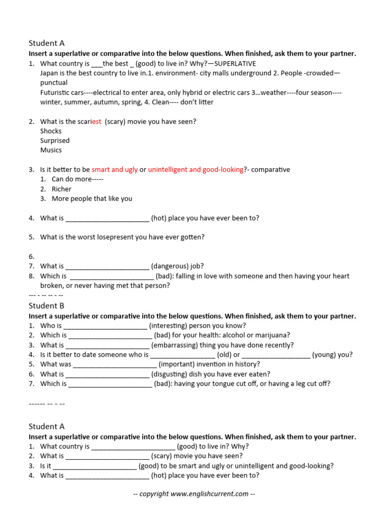 comparativessuperlativesconversationquestions PDF