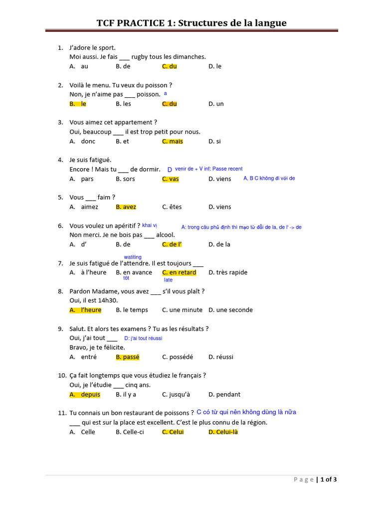 TCF Structures de La Langue-Practice 1 | PDF
