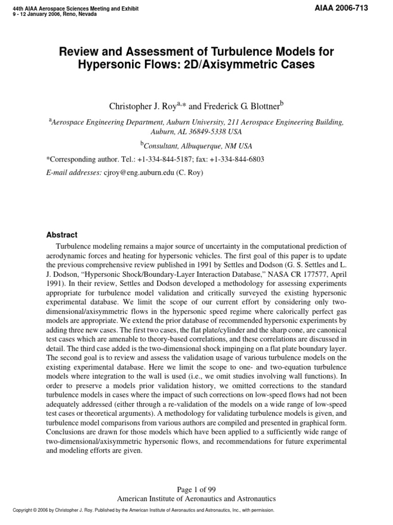 Review and Assessment of Turbulence Models For Hypersonic Flows: 2D ...
