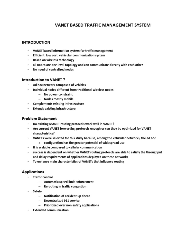 VANET Traffic Management System Overview | PDF | Wireless Ad Hoc ...