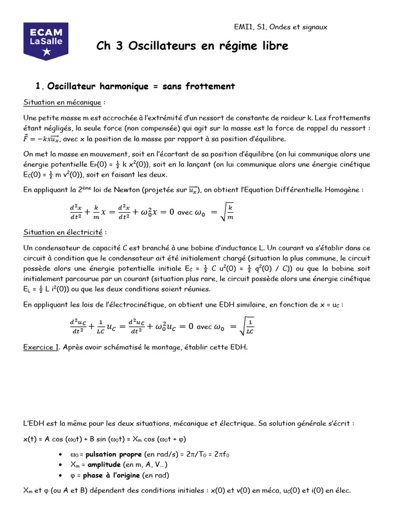 CH 3 Oscillateurs en Régime Libre 1. Oscillateur Harmonique Sans