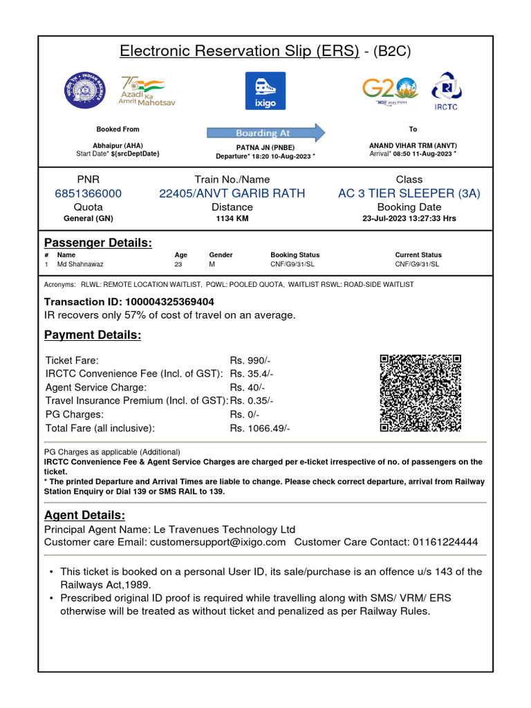 Train Ticket Details for Travelers | PDF