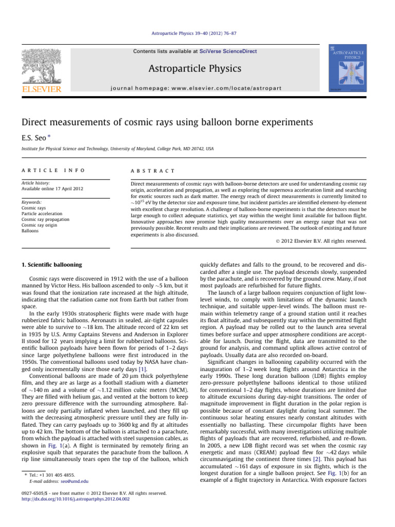 Direct Measurements of Cosmic Rays Using Balloon Borne Experiments (Astroparticle Physics, Vol