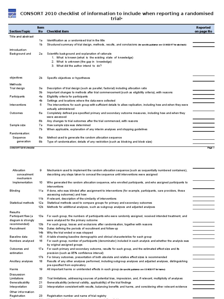 CONSORT 2010 Checklist for RCT Reporting | PDF | Randomized Controlled ...