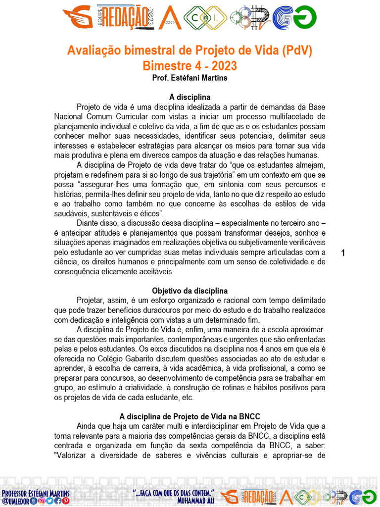 Avaliação Bimestral: Projeto de Vida 2023 | PDF