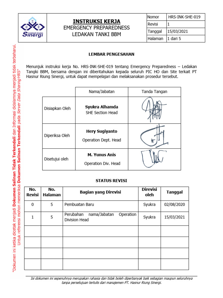HRS-INK-SHE-019 Emergency Preparedness - Ledakan Tangki BBM - Rev.1 | PDF