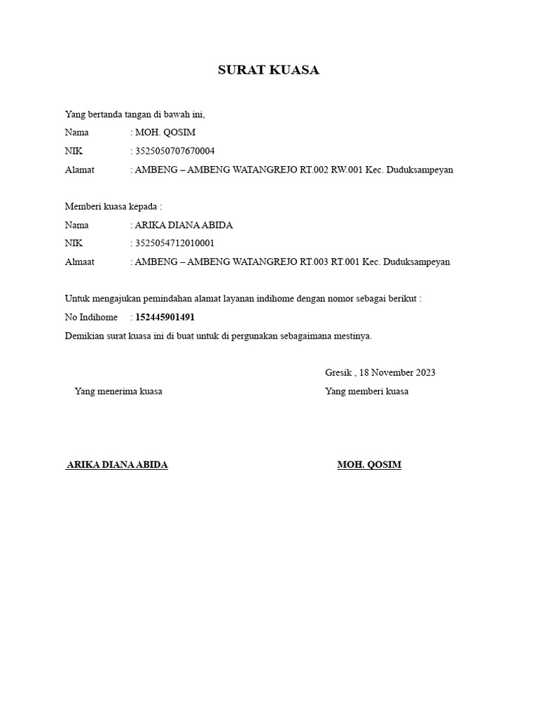 SURAT KUASA Pindah Alamat Indihome PDF