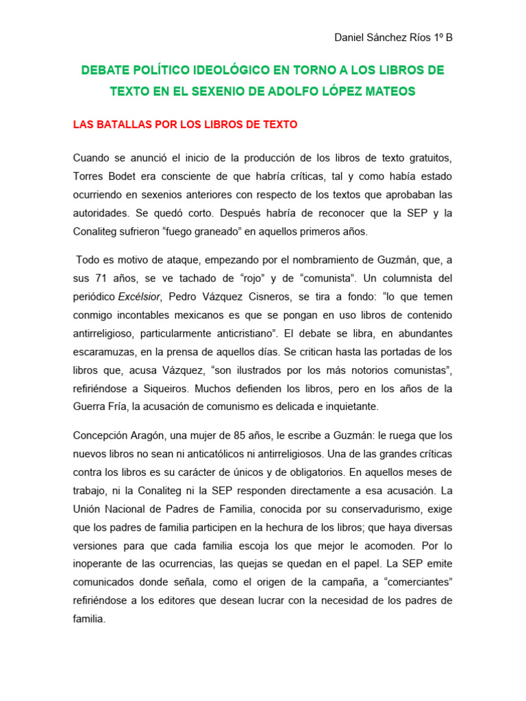 Debate Político Ideológico en Torno A Los Libros de Texto Daniel S R 1º ...
