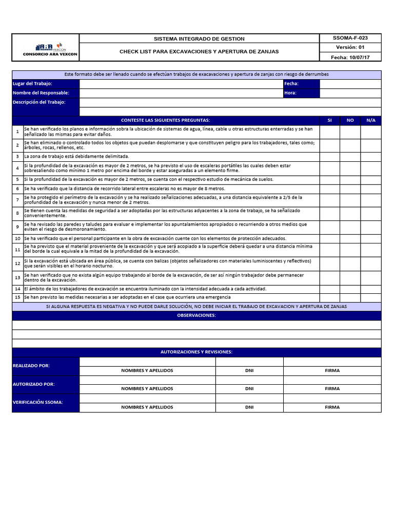 SSOMA-F-023 Check List para Excavaciones y Apertura de Zanjas | PDF