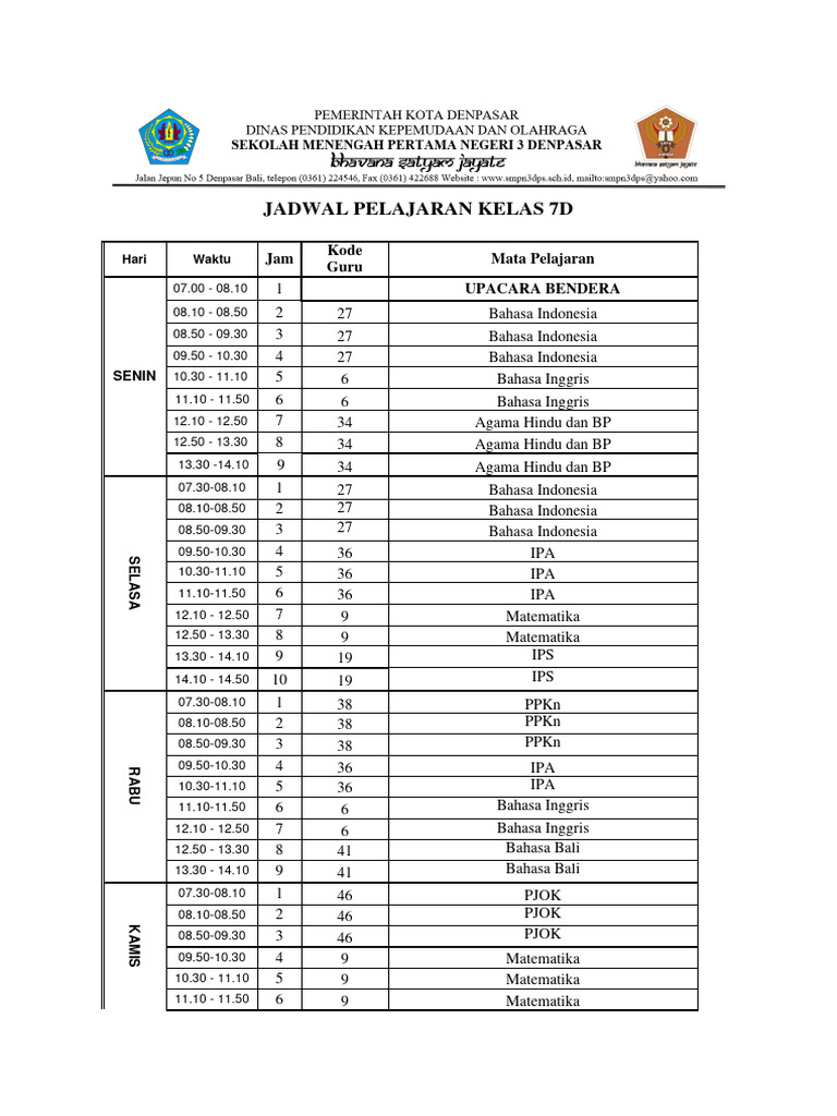 Jadwal Pelajaran Kelas 7D: Jam Kode Guru Mata Pelajaran Upacara Bendera ...
