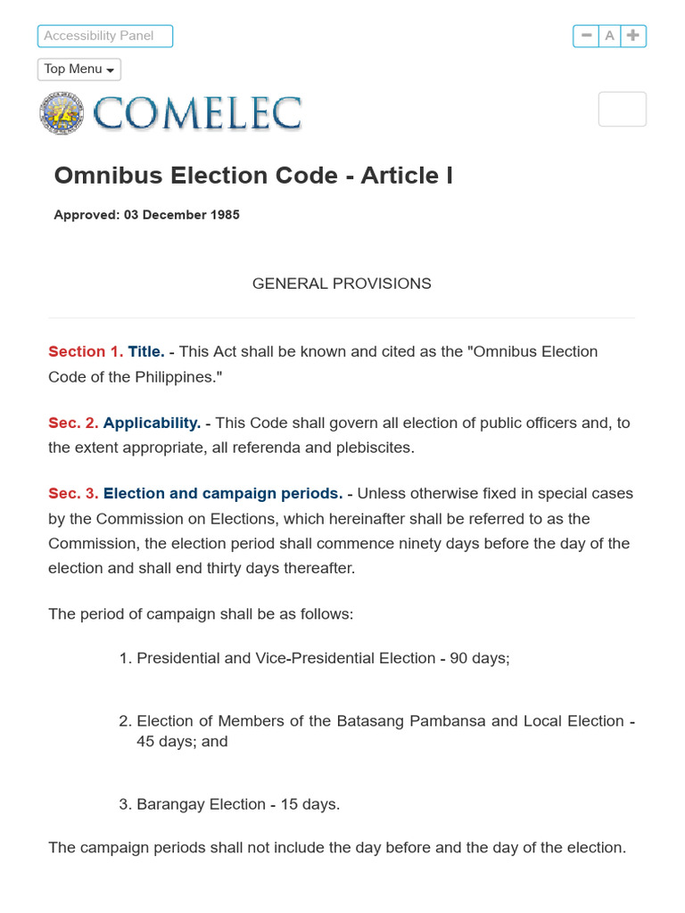 Omnibus Election Code - Article I - General Provisions | PDF ...
