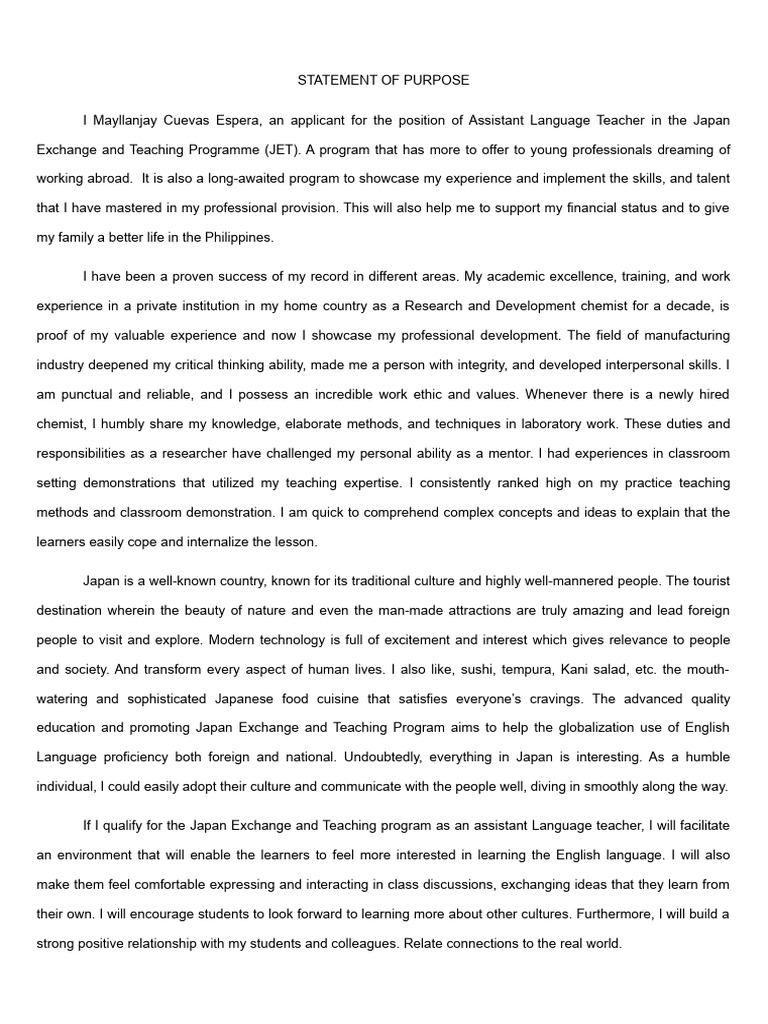 JET Program Statement of Purpose | PDF | Career & Growth | Foreign ...