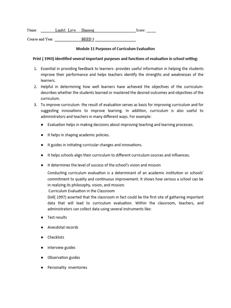 Module 11 Purposes of Curriculum Evaluation | PDF