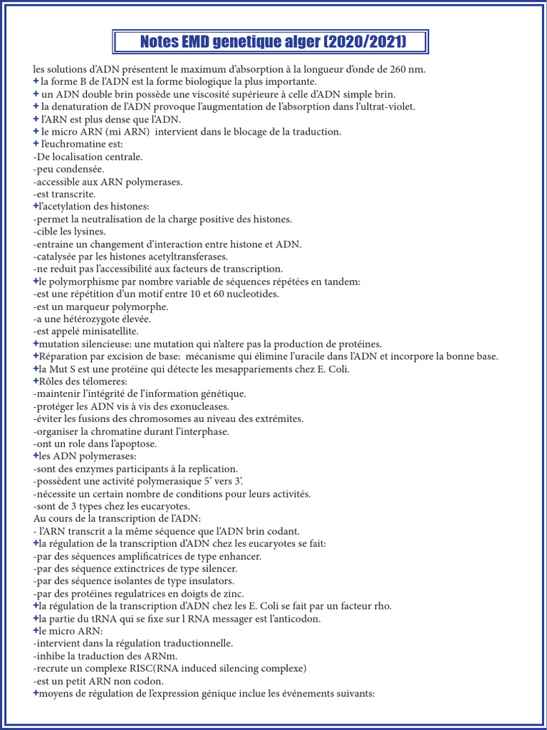 Notes Genetique 20192020 | PDF | Bien-être | Sciences et mathématiques